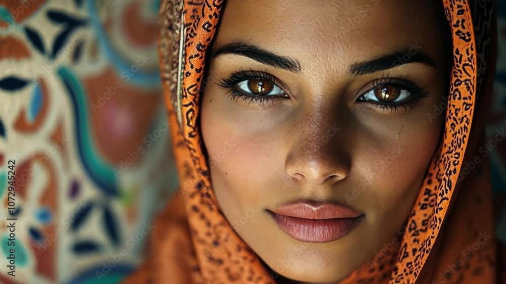 Close-up portrait of a Muslim woman, with intricate patterns in the background Close-up portrait of a Muslim woman, with intricate patterns in the background