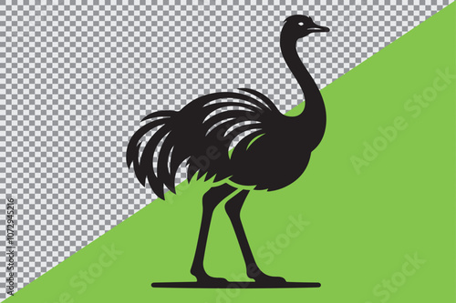 A black silhouette of an ostrich standing in profile