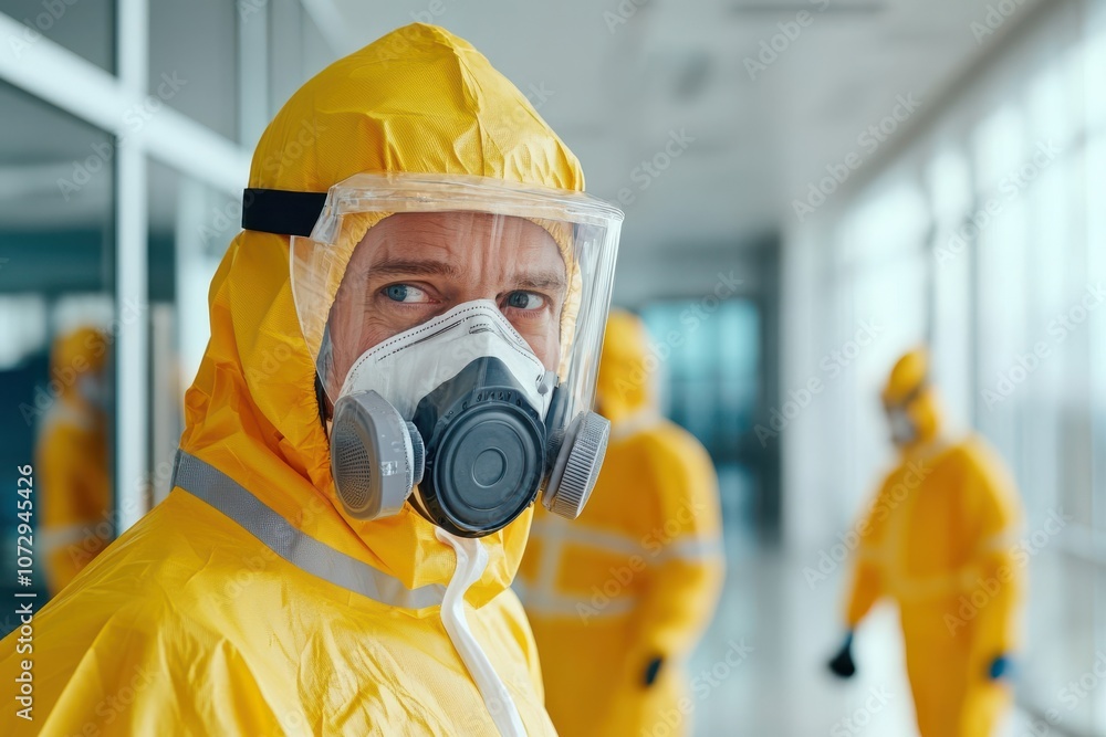 A person in a protective hazmat suit and mask is focused, with others in similar gear in the background, suggesting a serious environment. A person in a protective hazmat suit and mask is focused, with others in similar gear in the background, suggesting a serious environment.