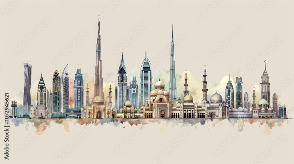 Fototapeta premium Watercolor Skyline of a Middle Eastern City with Tall Buildings and Mosques.