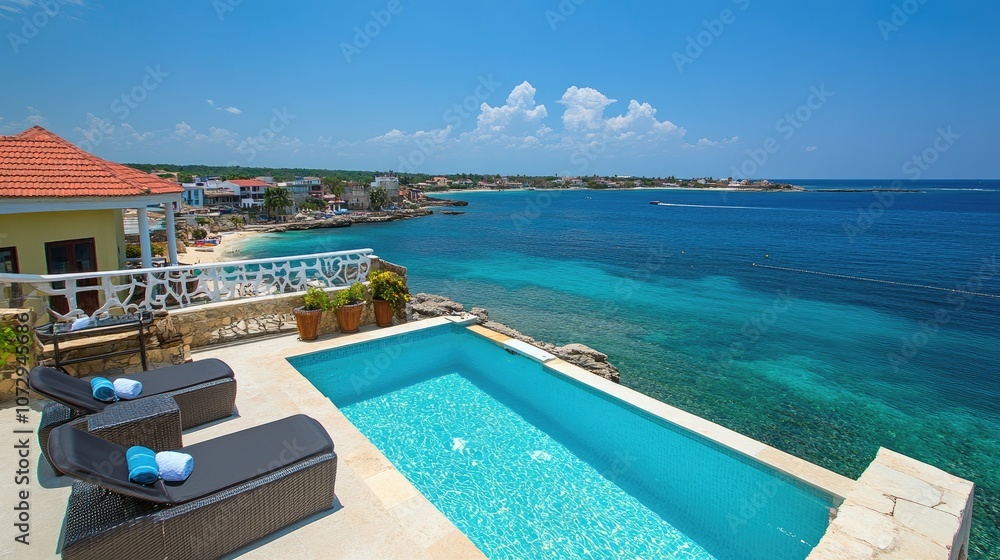 Fototapeta premium Elegant Oceanfront Villa with Lush Outdoor Seating