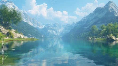 A crystal-clear lake surrounded by towering mountains, with perfect reflections on the water