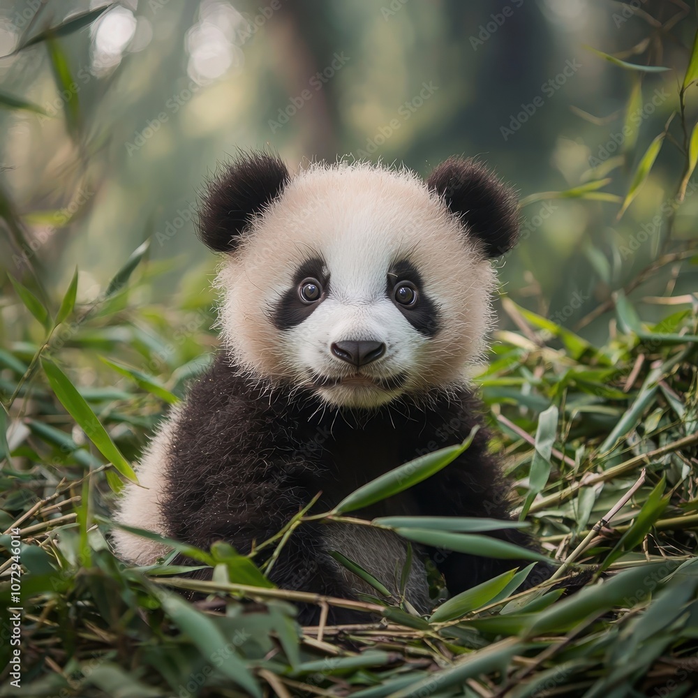 Cute baby panda sitting among lush green bamboo in a serene forest setting, showcasing innocent expression and fluffy fur, perfect for wildlife enthusiasts and nature lovers. Cute baby panda sitting among lush green bamboo in a serene forest setting, showcasing innocent expression and fluffy fur, perfect for wildlife enthusiasts and nature lovers.