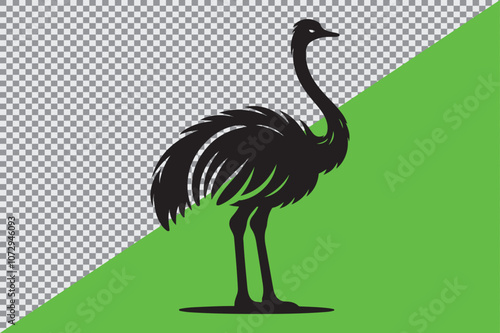 A black silhouette of an ostrich standing in profile