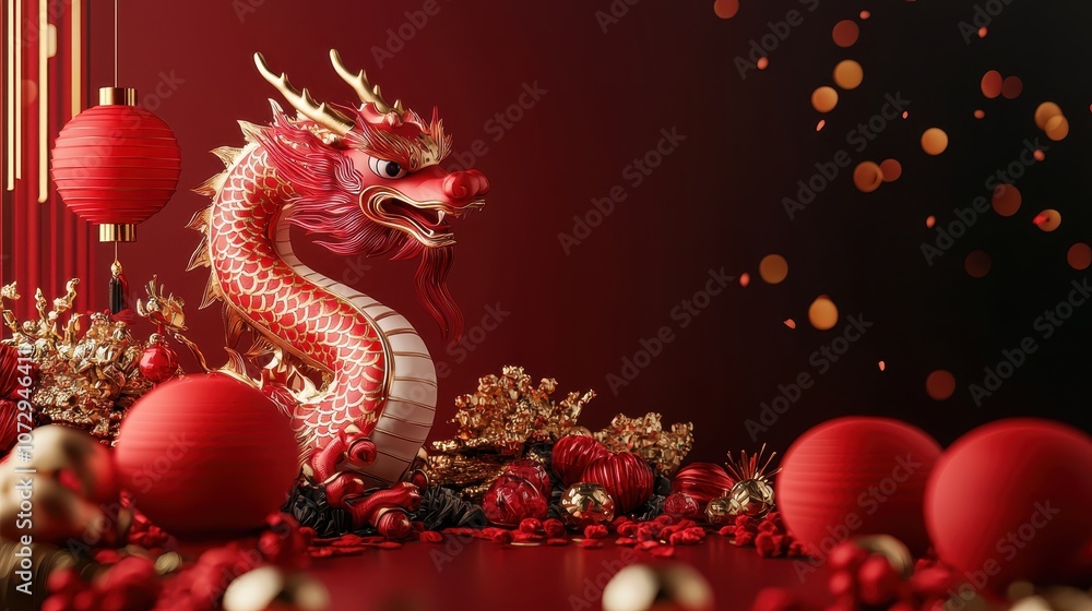 Fototapeta premium Vibrant Red Dragon Sculpture Surrounded by Festive Decorations for Lunar New Year Celebration, Capturing Tradition and Cultural Richness in an Artistic Presentation