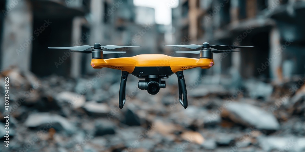 A yellow drone hovers over a debris-strewn landscape, indicative of destruction and advanced technology in urban exploration or disaster response. A yellow drone hovers over a debris-strewn landscape, indicative of destruction and advanced technology in urban exploration or disaster response.