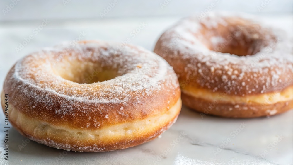 Two freshly baked, glazed donuts with a light dusting of powdered sugar, resting on a clean, white marble surface. Two freshly baked, glazed donuts with a light dusting of powdered sugar, resting on a clean, white marble surface.