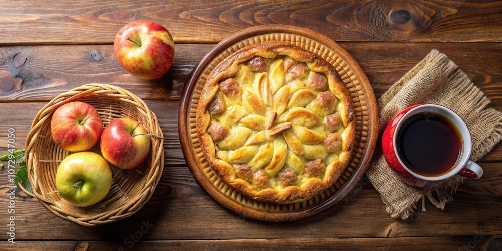 A warm apple pie, freshly baked and golden brown, sits on a wooden table, surrounded by apples and a steaming cup of coffee, ready to be enjoyed A warm apple pie, freshly baked and golden brown, sits on a wooden table, surrounded by apples and a steaming cup of coffee, ready to be enjoyed