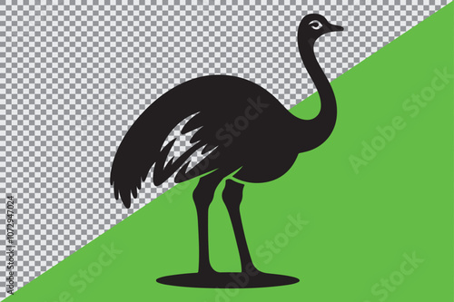 A black silhouette of an ostrich standing in profile