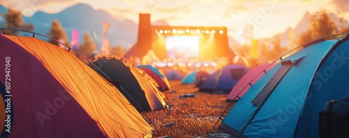 A vibrant outdoor festival scene with colorful tents set against a backdrop of mountains and a stage illuminated by warm sunset light.