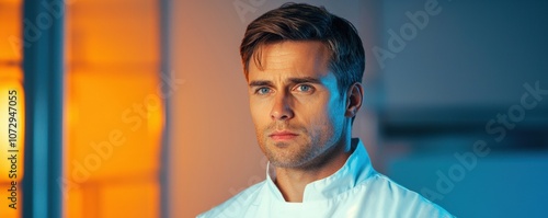 A focused male chef in a professional kitchen, wearing a white chef's coat, surrounded by warm lighting that creates an inviting atmosphere. photo