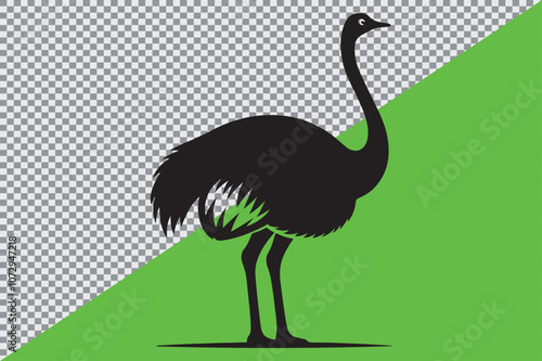 A black silhouette of an ostrich standing in profile