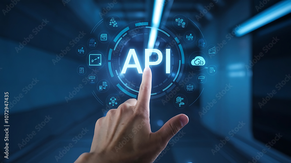 API application programming interface, a finger touch a hologram virtual interface that hologram of API, API integration, API development, JSON, API documentation, 