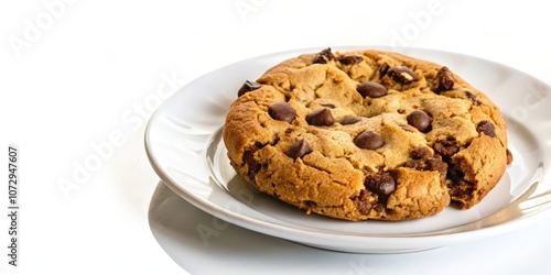 A single, slightly-eaten, chocolate chip cookie rests on a white plate, with the cookie's golden brown exterior and melty chocolate chips a visual treat