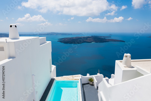 Obraz na płótnie White architecture in Santorini island, Greece. Luxury swimming pool with sea view. w salonie