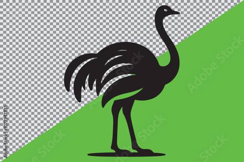 A black silhouette of an ostrich standing in profile