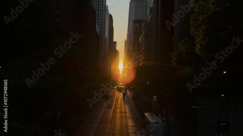 Glorious Sunset Illuminating Urban Canyon Creates Captivating and Magical Scene