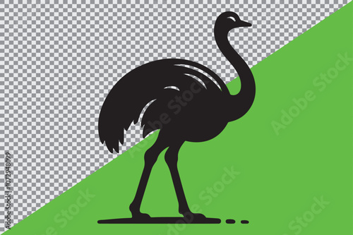 A black silhouette of an ostrich standing in profile