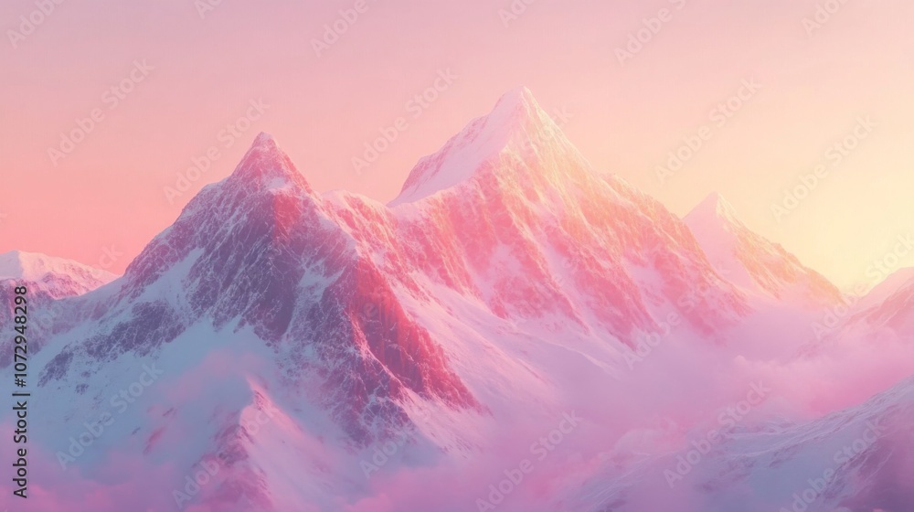Obraz premium Majestic snow capped mountains at sunrise, soft pink and orange light illuminating the peaks