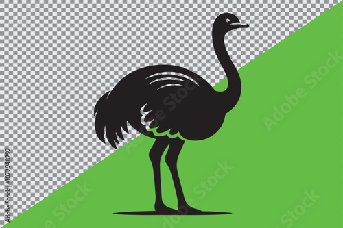 A black silhouette of an ostrich standing in profile