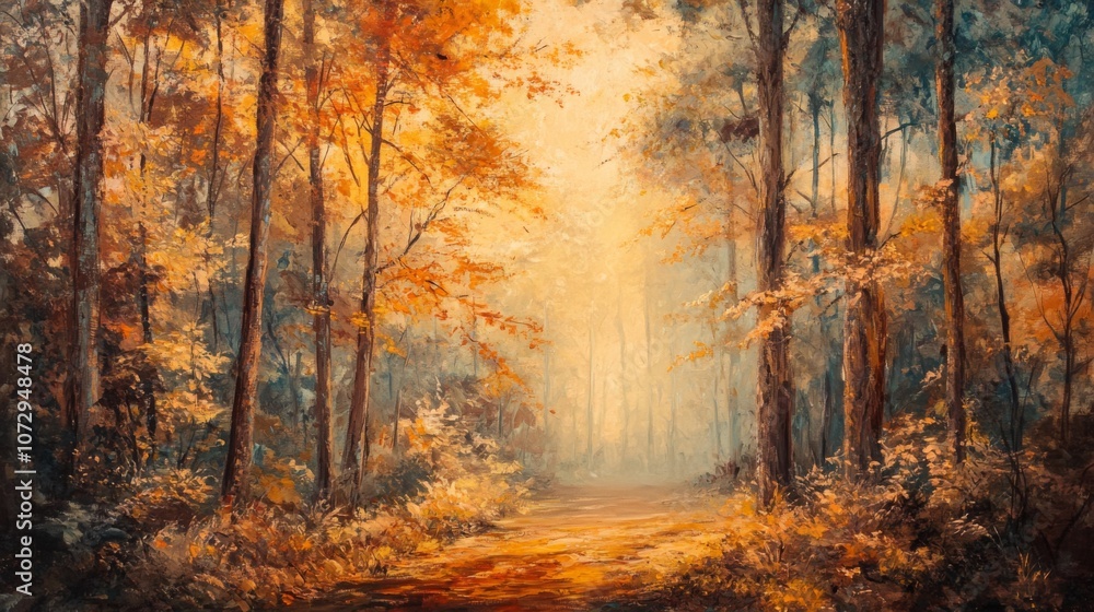 Fototapeta premium A dense forest with vibrant autumn foliage, blanketed in a morning mist, warm golden light filtering through trees