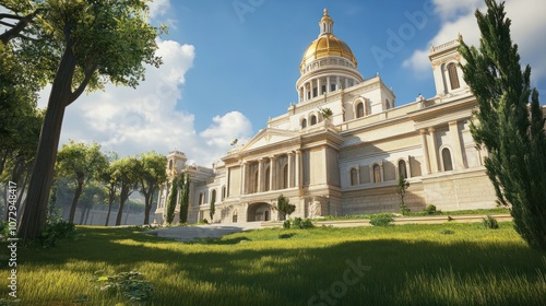 The capital building showcases its stunning golden dome and beige stone facade under a clear blue sky, surrounded by lush green grass