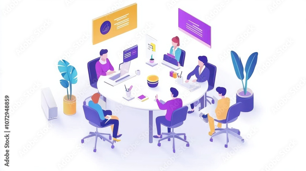 Top view: creative agency brainstorm meeting - planning, strategy, product launch roadmap discussion by team for new business development Top view: creative agency brainstorm meeting - planning, strategy, product launch roadmap discussion by team for new business development