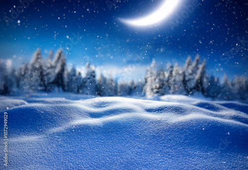 A snowy landscape under a crescent moon and a starry night sky.