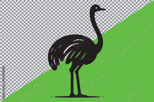 A black silhouette of an ostrich standing in profile