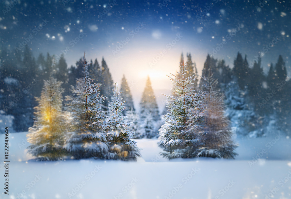 A snowy forest scene with pine trees, illuminated by the soft glow of the setting sun.