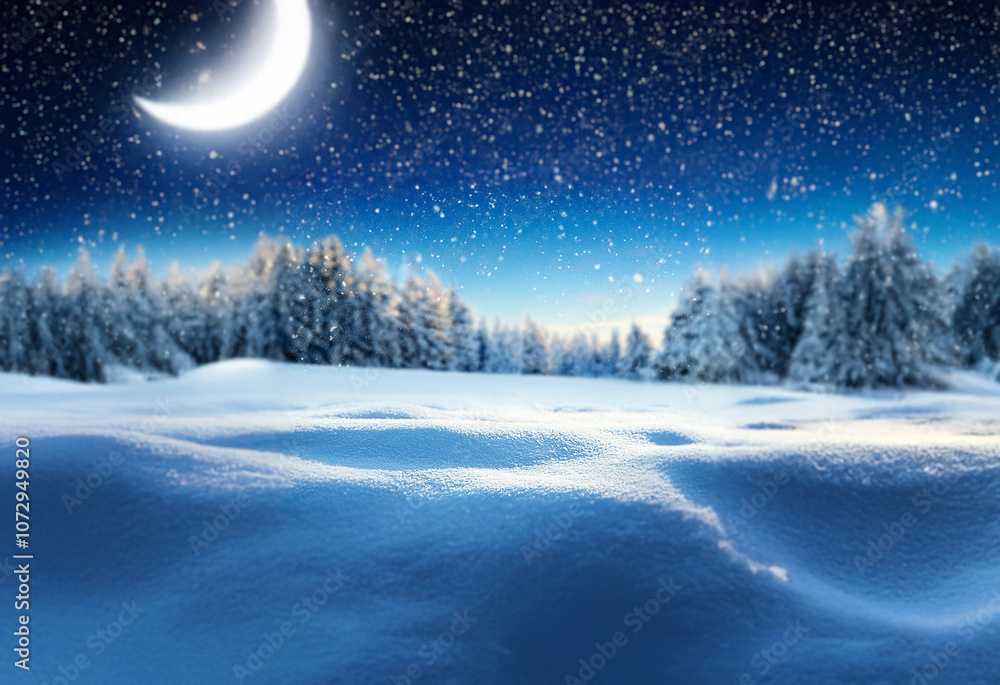 A snowy, wintery scene with a crescent moon and a sky full of stars. A snowy, wintery scene with a crescent moon and a sky full of stars.