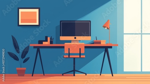 A modern workspace featuring a computer, desk lamp, plants, and vibrant blue walls, creating a stylish and productive environment.