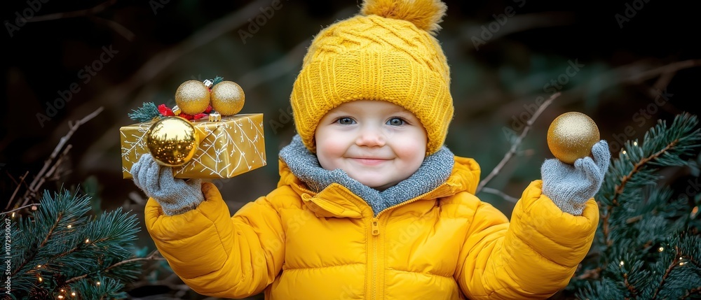 A cheerful child in a cozy yellow outfit holds festive ornaments and a gift, embodying the joy of the holiday season. A cheerful child in a cozy yellow outfit holds festive ornaments and a gift, embodying the joy of the holiday season.