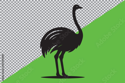 A black silhouette of an ostrich standing in profile