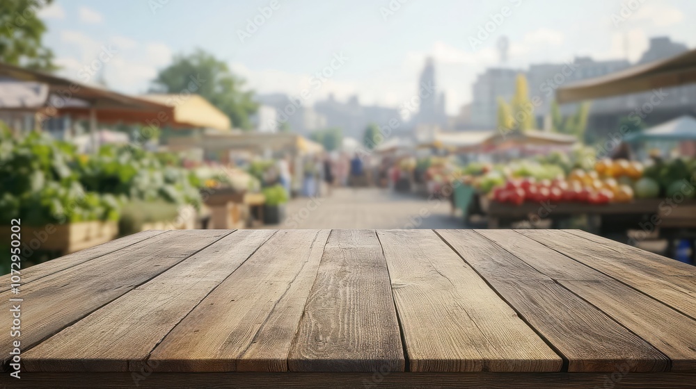 Wooden Tabletop with a Blurred Farmers Market Background Wooden Tabletop with a Blurred Farmers Market Background
