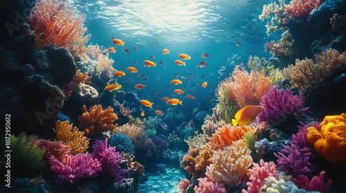 A vibrant coral reef teeming with life, showcasing a variety of colorful coral formations and schools of fish swimming through the crystal-clear water.