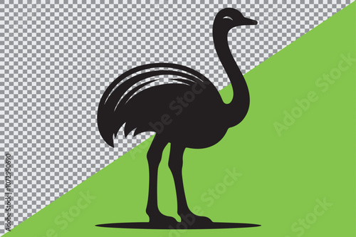 A black silhouette of an ostrich standing in profile