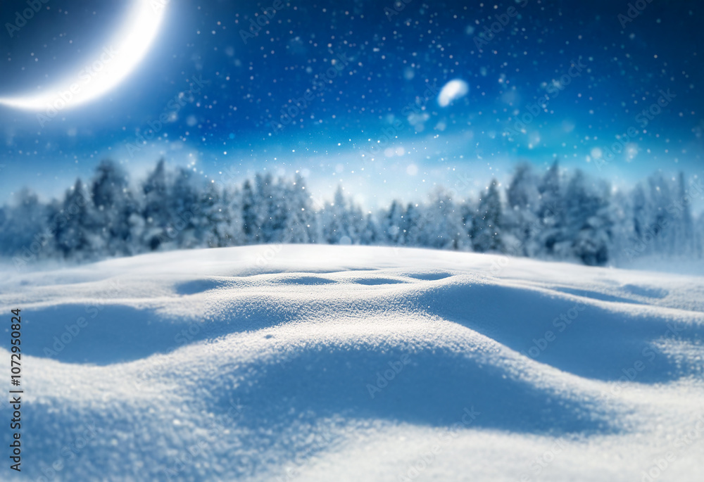A crescent moon hangs in a starry sky over a snowy landscape. A crescent moon hangs in a starry sky over a snowy landscape.