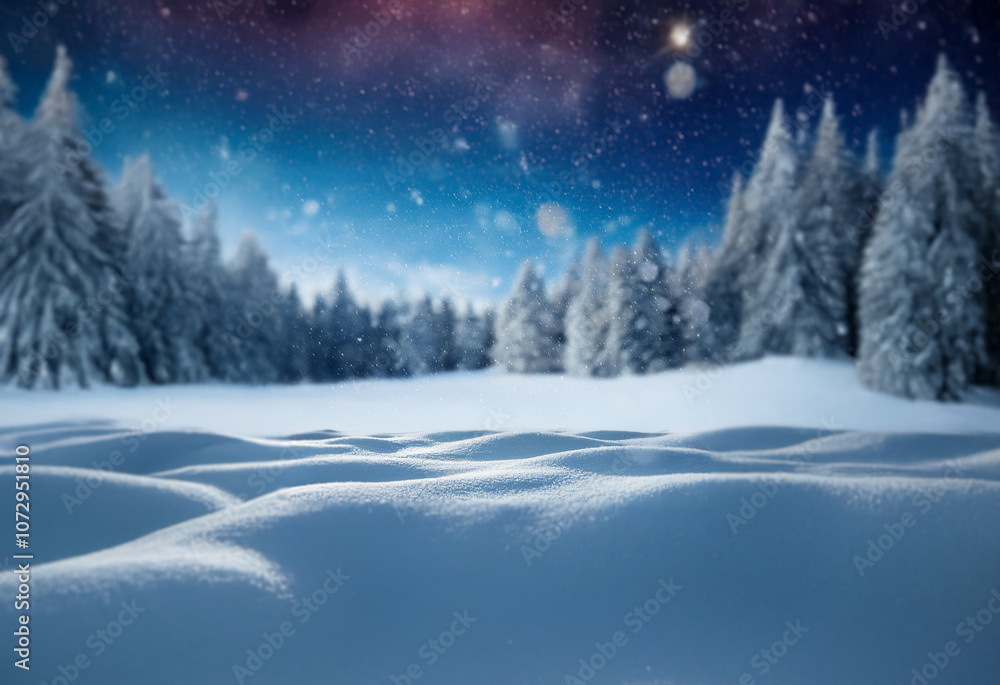 A snowy forest scene with tall evergreen trees under a starry sky. A snowy forest scene with tall evergreen trees under a starry sky.