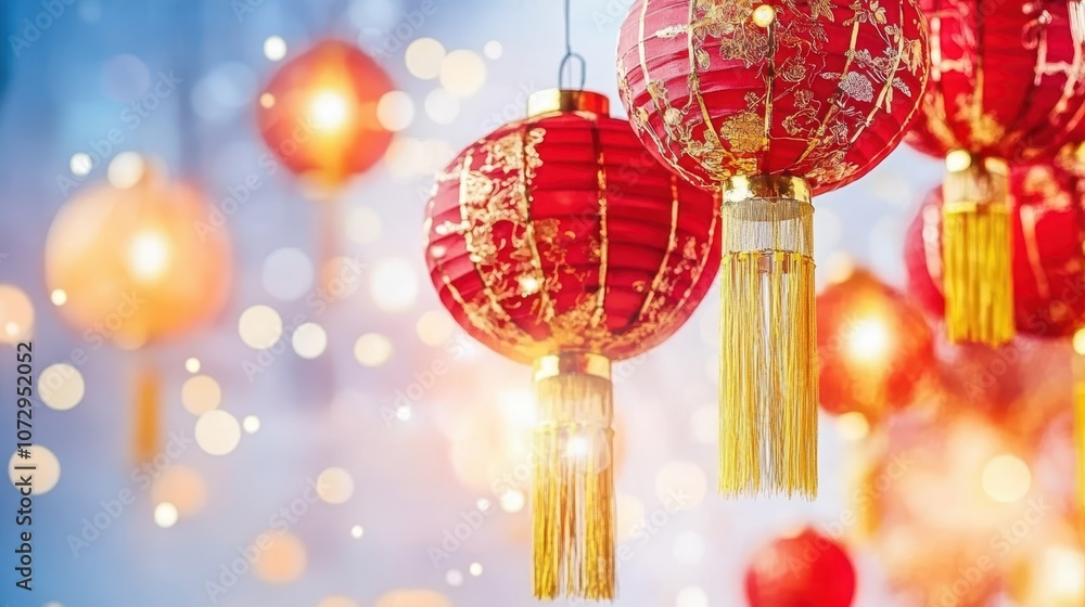 Red Chinese lantern decorated with gold hanging in a festive street, celebrating Chinese New Year. Concept: culture and celebration. Red Chinese lantern decorated with gold hanging in a festive street, celebrating Chinese New Year. Concept: culture and celebration.