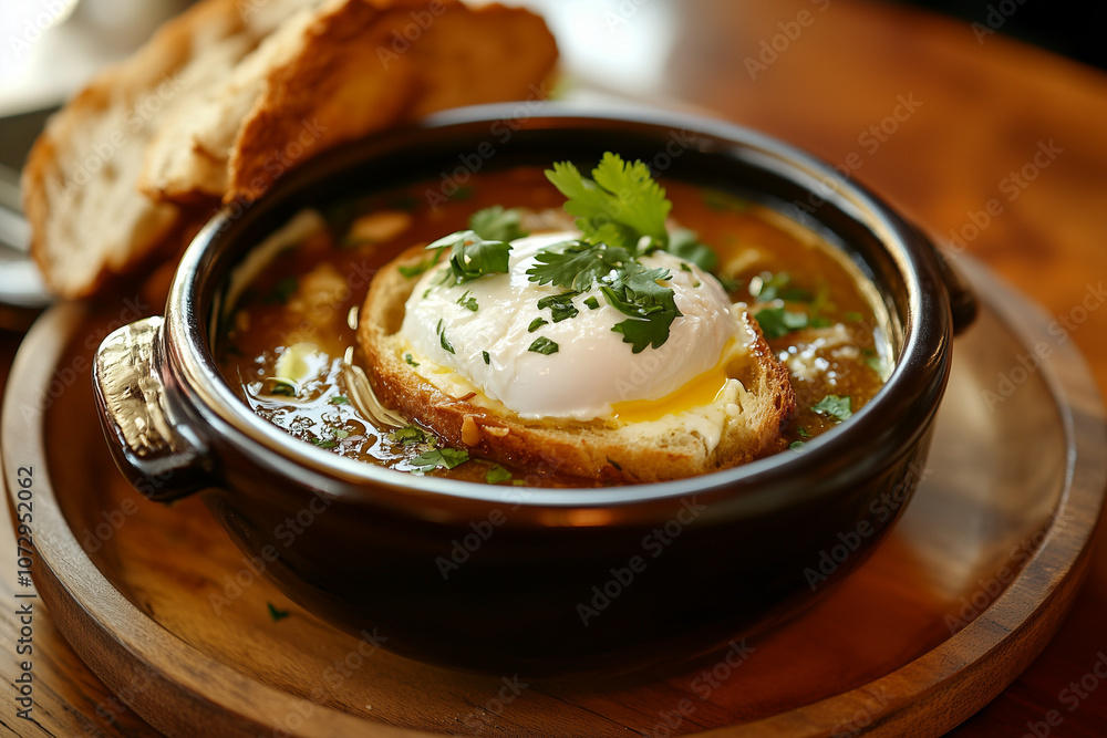 Traditional Portuguese açorda soup with poached egg on top, thick bread-based broth, garnished with fresh coriander Traditional Portuguese açorda soup with poached egg on top, thick bread-based broth, garnished with fresh coriander