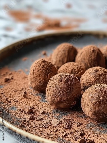 Delicious Chocolate Truffles Coated in Cocoa Powder on a Rustic Plate Surrounded by Cocoa Dust in a Modern Kitchen Setting