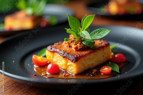 Gourmet plated cheese flan with cherry tomatoes and fresh basil garnish on elegant black dish photo