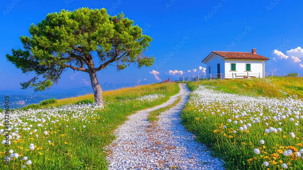Obraz premium stunning view of serene countryside with lone tree and small house, surrounded by field of wildflowers under clear blue sky