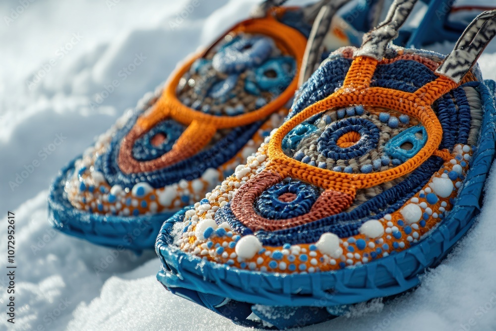Colorful knitted shoes with beads on white snow. Colorful knitted shoes with beads on white snow.