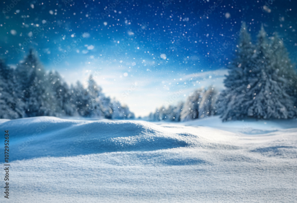 A snowy winter landscape with a forest of pine trees in the background and a sunlit sky. A snowy winter landscape with a forest of pine trees in the background and a sunlit sky.