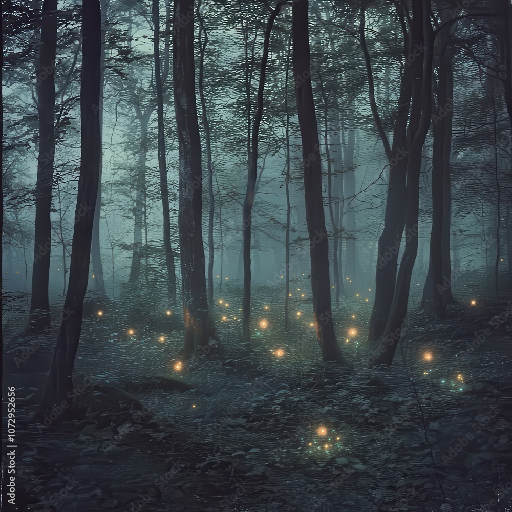 Fototapeta premium Enchanted Forest at Dusk with Glowing Orbs Illuminating the Path Through the Misty Wilderness for a Magical and Serene Atmosphere