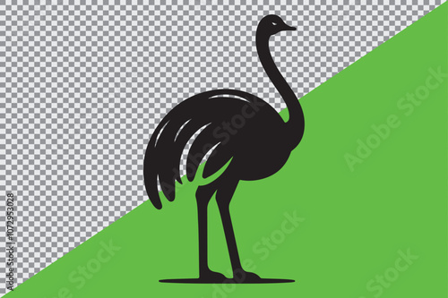 A black silhouette of an ostrich standing in profile