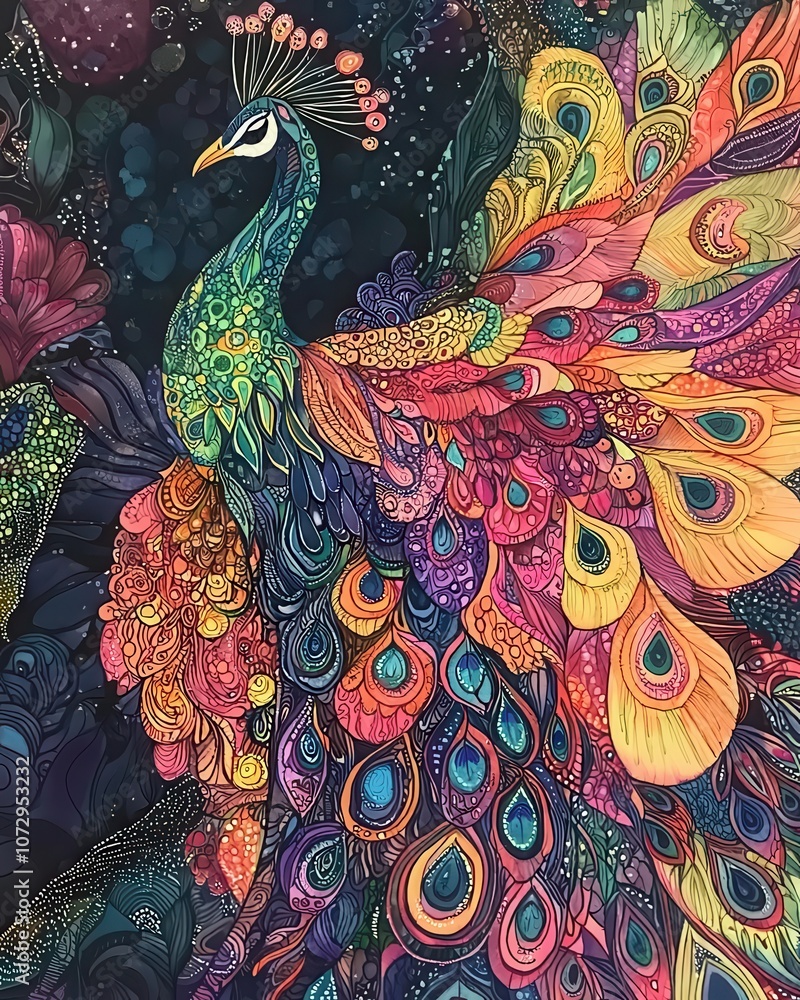 Fototapeta premium Vibrant, Colorful Peacock with Ornate Feathers Surrounded by Floral Patterns in an Abstract Background, Perfect for Art and Design Projects