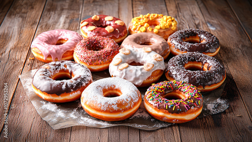 Donut assorted on rustic wooden table for high calorie food illustration